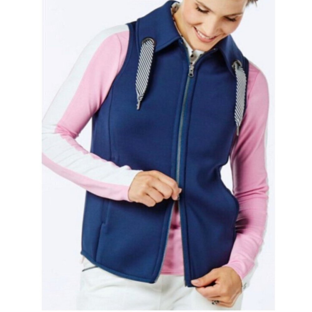 Belyn Key Ladies Scuba Knit Full Zip Blue Grommet Sleeves Top‎ Golf Vest